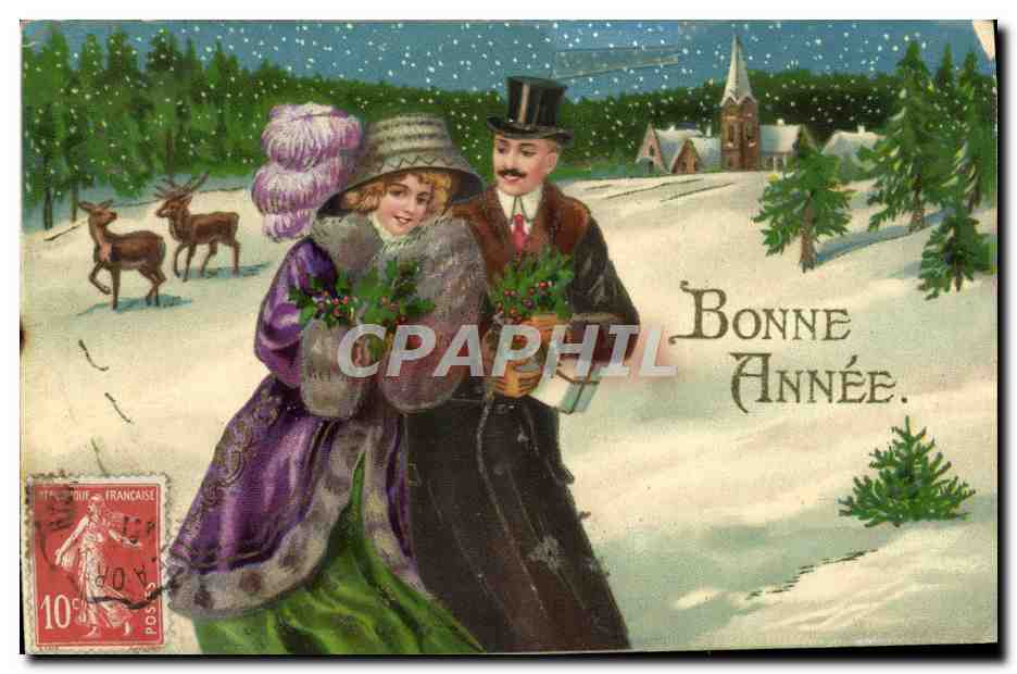 Couple en tenue d'hiver — scène de Noël — éditeur Chromatop, n° 15823
