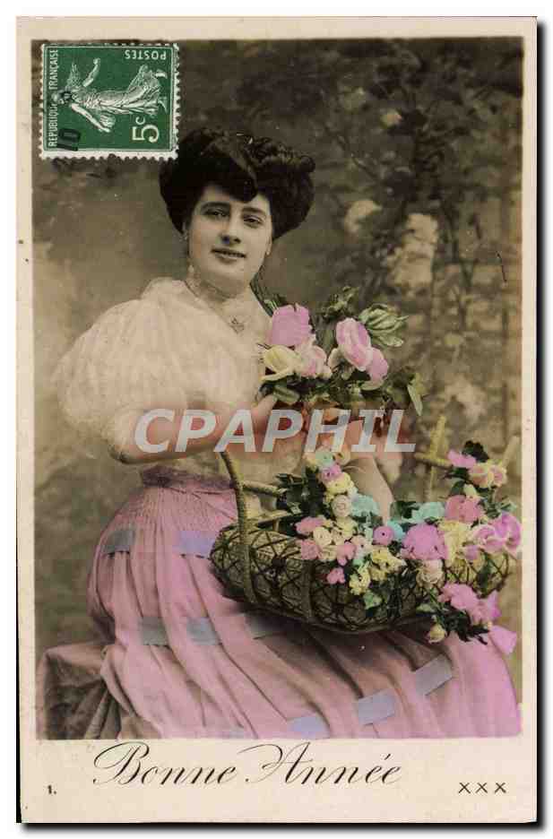 Femme avec panier de fleurs — Bonne Année — Éditeur inconnu, n°1