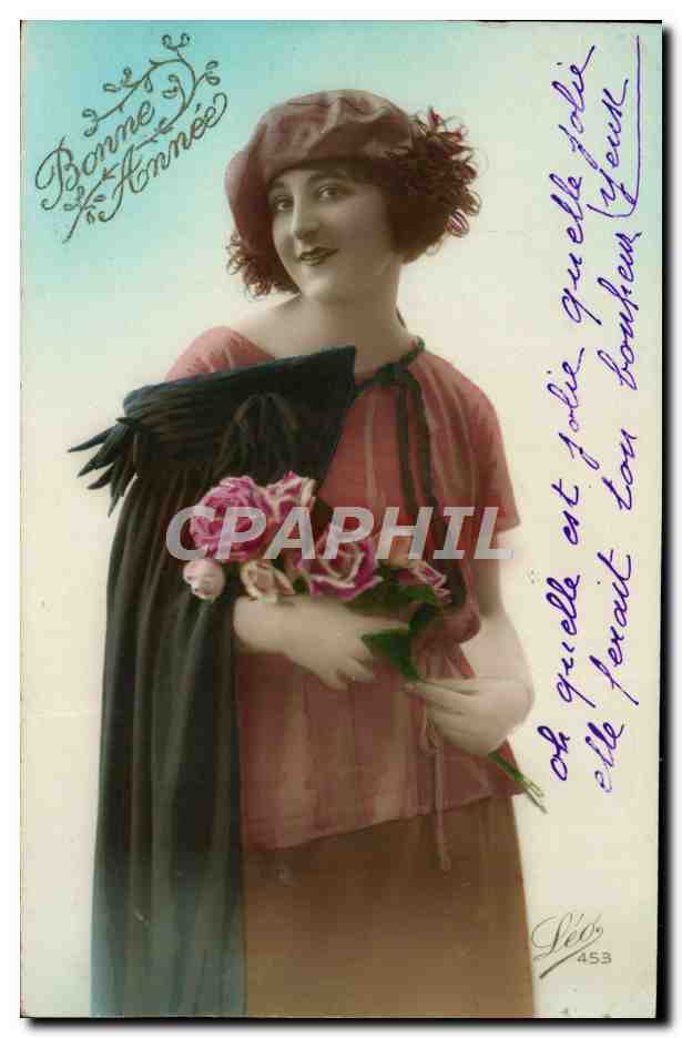 Jeune femme en robe rose et chapeau — Bonne Année — éditeur Lévy n°453