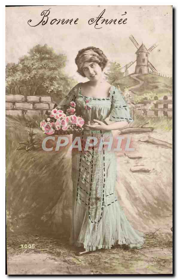 Femme en robe bleue tenant un bouquet — Bonne Année — éditeur anonyme, n° 3008