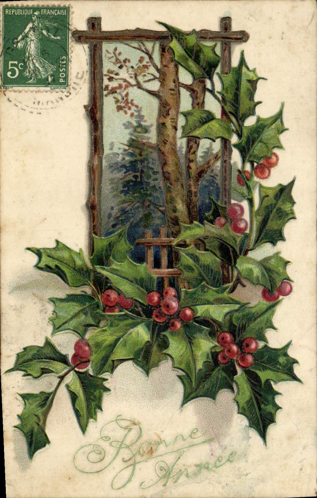 Houx et paysage — carte de vœux — éditeur Brillant, n° 7242