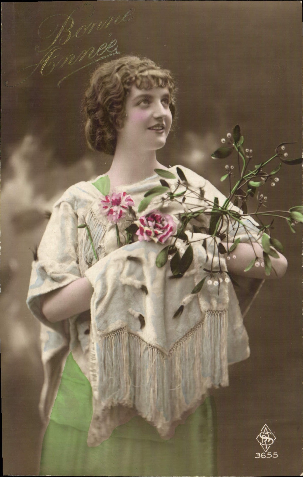 Jeune femme tenant des branches de gui — Bonne Année — L. Blanet & Cie, n° 3655