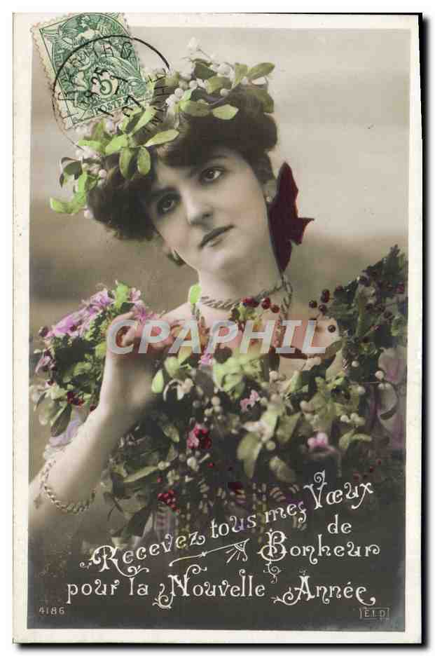 Femme en couronne de fleurs — Vœux de Bonheur pour la Nouvelle Année — Éditeur ELD, n° 4186