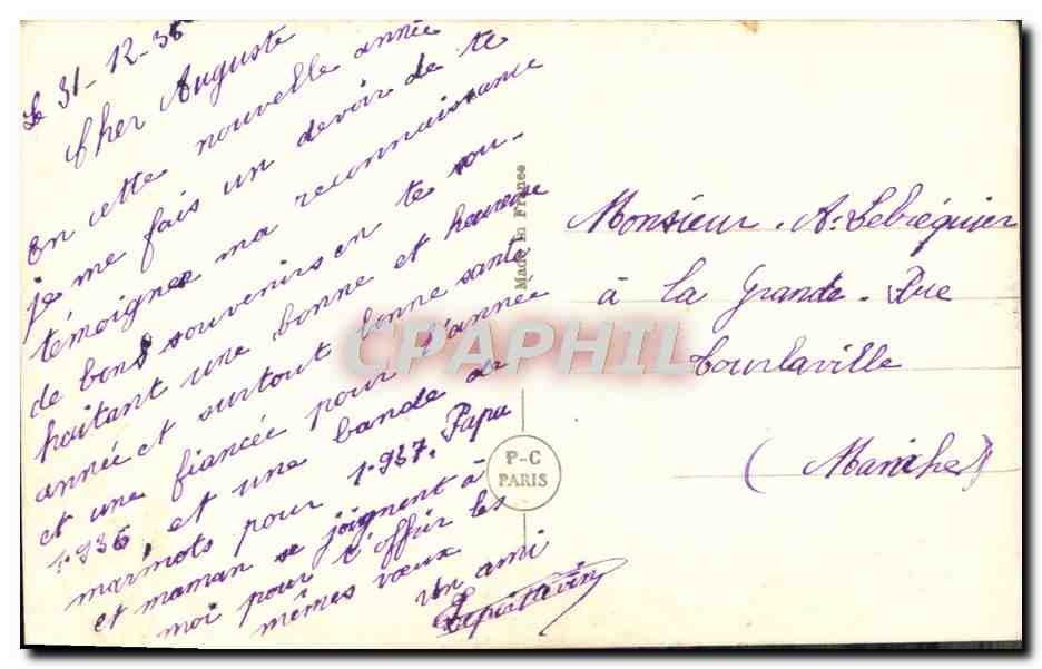 Couple amoureux — Bonne Année — PC Paris n°3908 — Verso