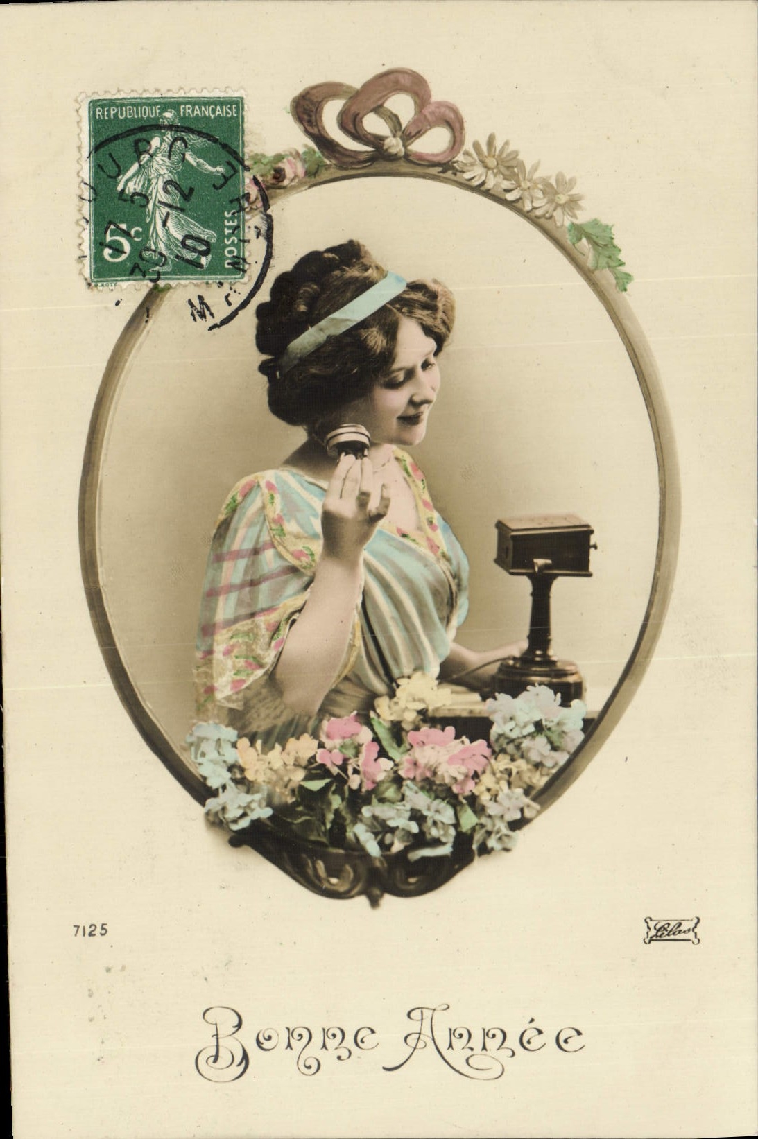 Femme au téléphone — Bonne Année — Éditeur Elbad, n° 7125