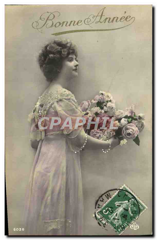 Femme en robe pastel tenant un bouquet — Bonne Année — éditeur anonyme, n° 6036