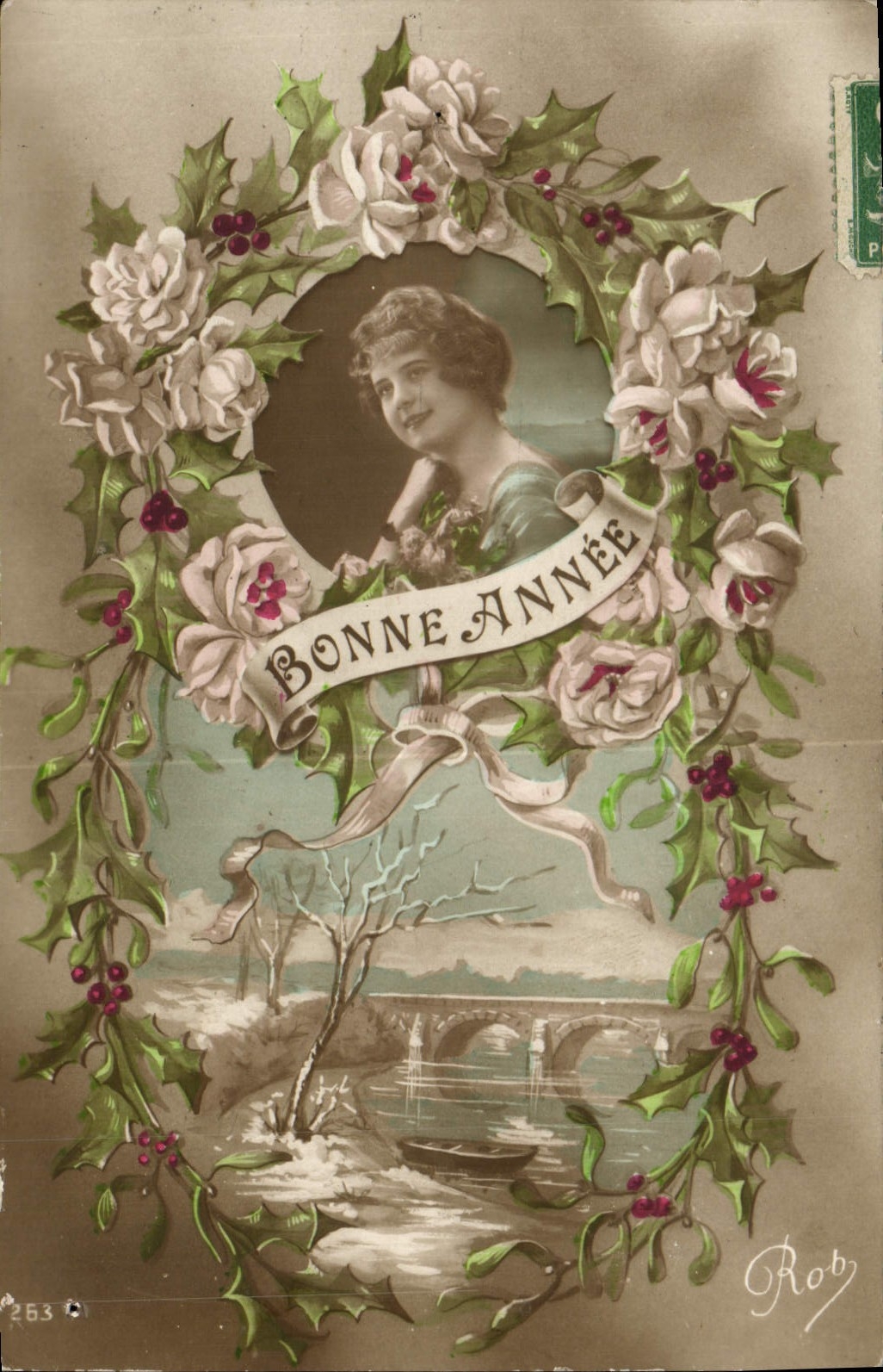 Frau in einem Rahmen aus Efeu und Rosen — Roby, n°253