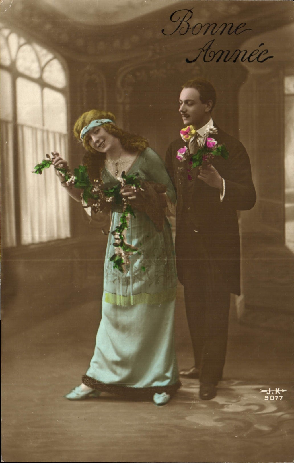 Couple en tenue de fête — Bonne Année — J.K. 3077