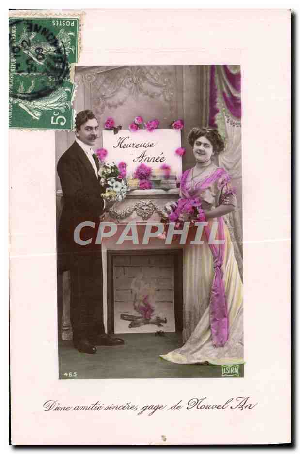 Couple devant cheminée — 'Heureuse Année' — éditeur SIRAI, n° 485