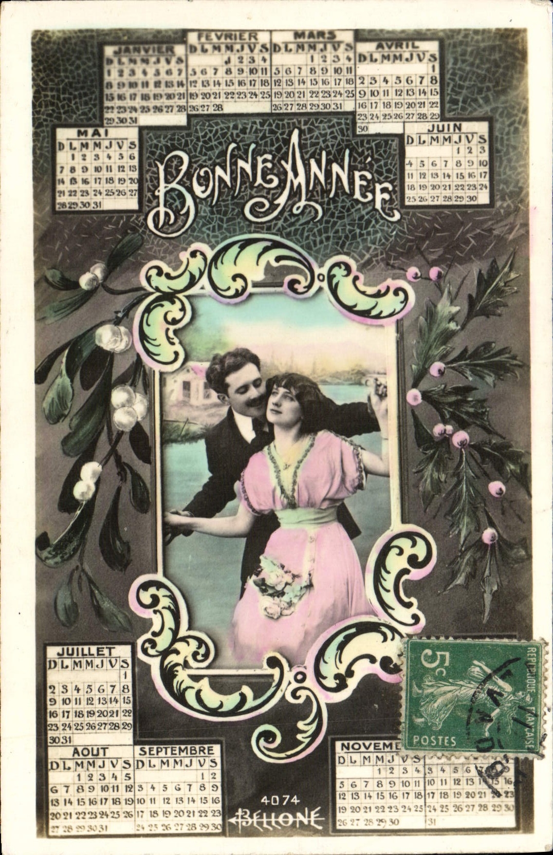 Calendrier de l'année — Bonne Année — Éditeur Bellone, n° 4074