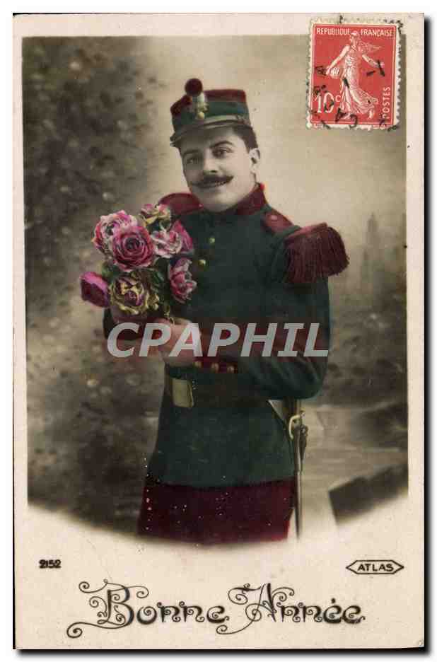 Soldat en uniforme — tenant un bouquet de roses — éditeur Atlas, n° 2152