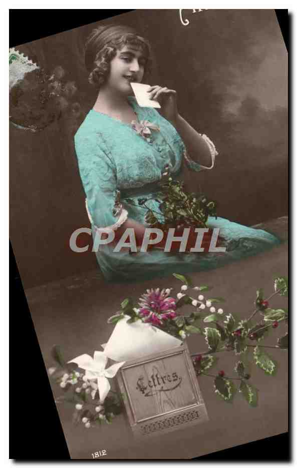 Donna in abito blu che tiene una carta — Editore Celftres, n° 1812