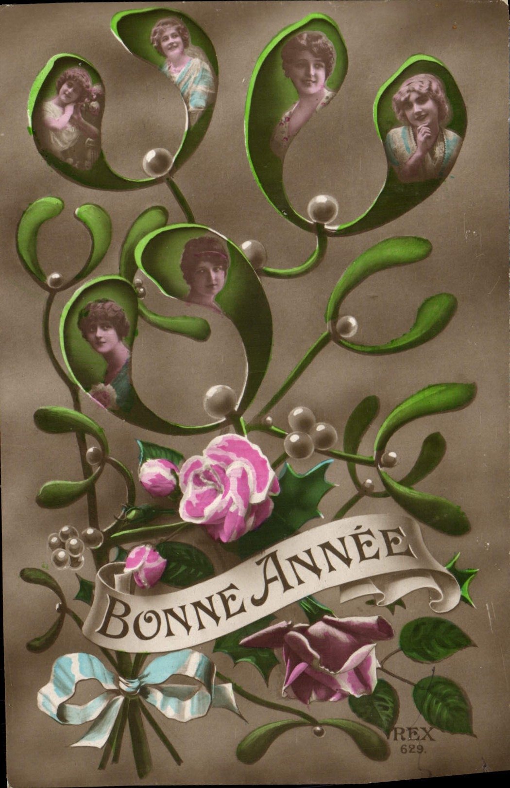 Bonne Année — motifs floraux et portraits féminins — REX 629
