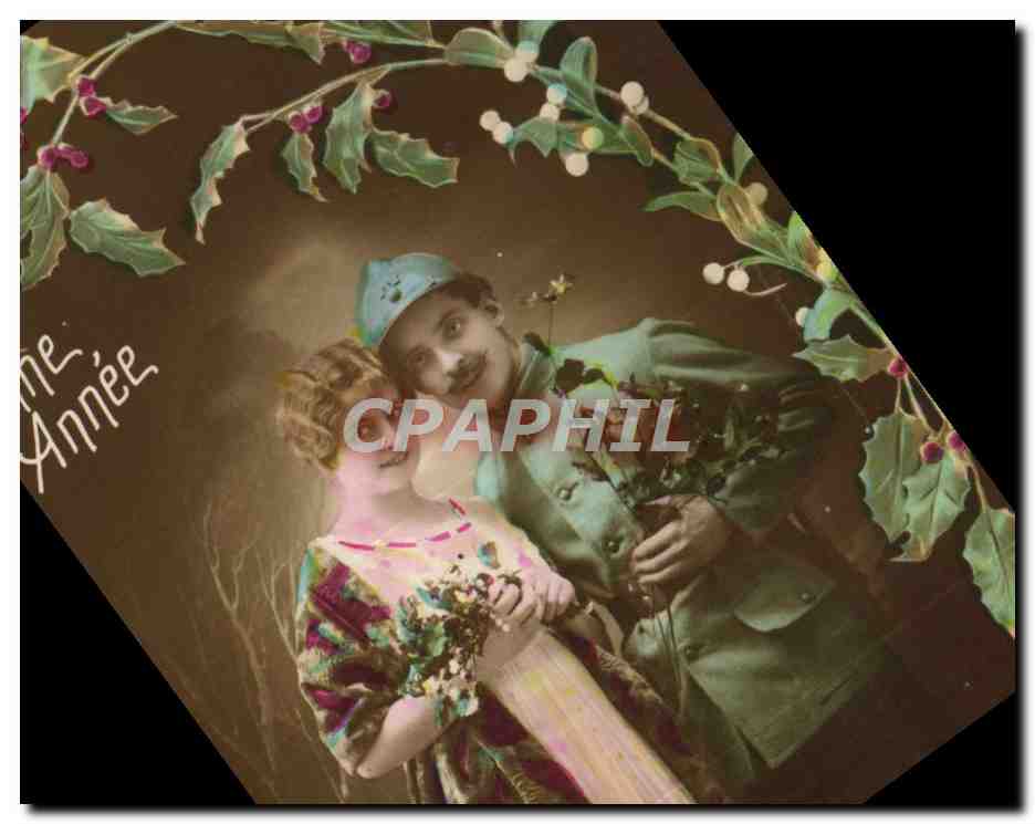 Couple festif — houx et fleurs — éditeur Artigé, Paris