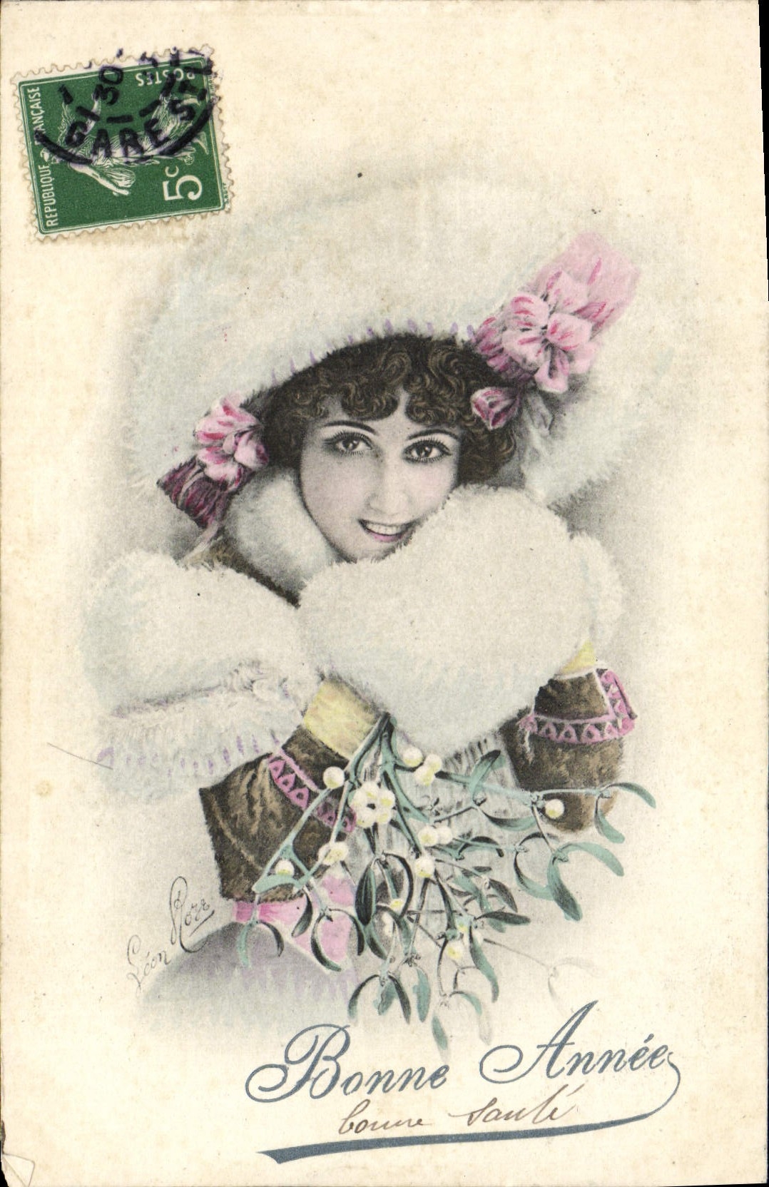 Femme en fourrure tenant du gui — Bonne Année — Léon Léota