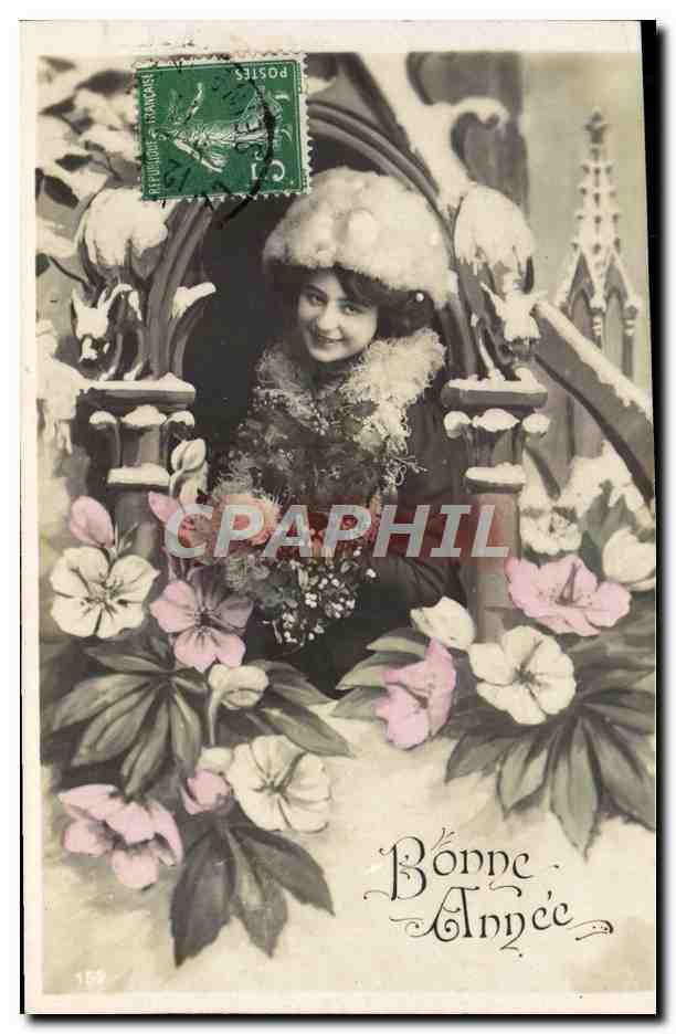 Femme en fourrure — scène hivernale avec fleurs — éditeur non visible, n° 159