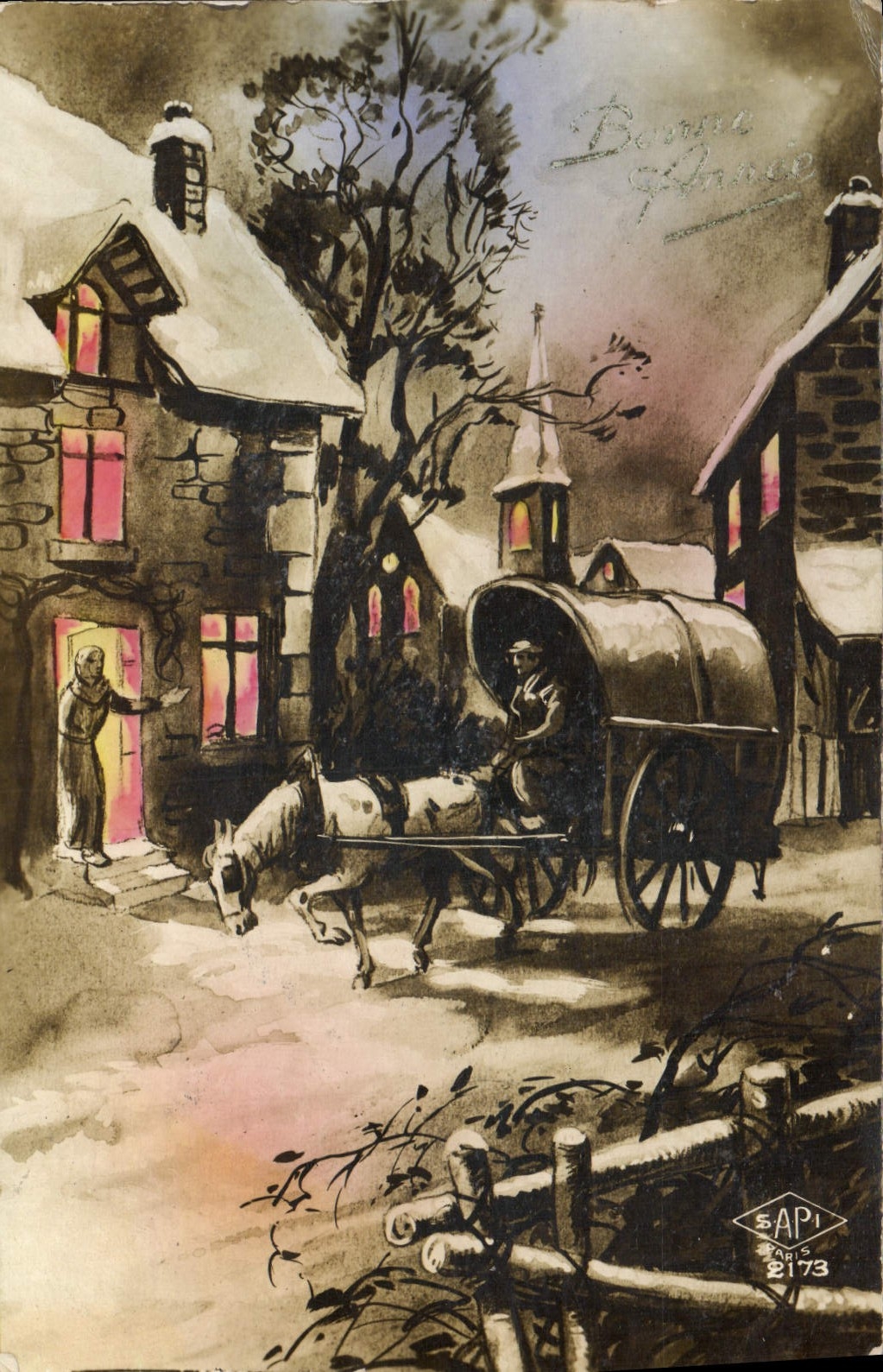 CPA Fantaisie Bonne annee Cheval Caleche 