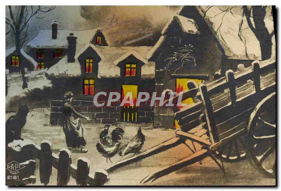 CPA Fantaisie Bonne annee Femme et poules Chat