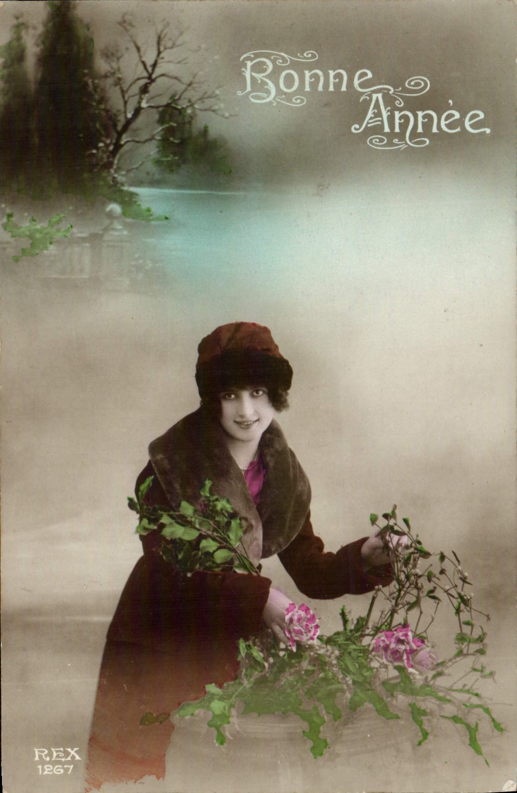 Femme en manteau fourré tenant des fleurs — Bonne Année 1267 — REX 1267