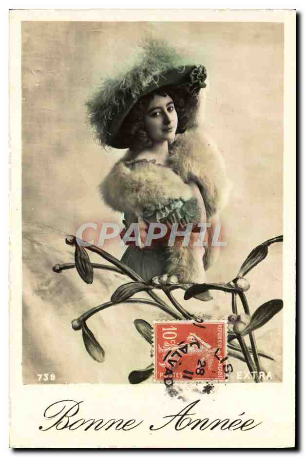 Donna con cappello di piume e pelliccia — Buon Anno — editore EXTRA, n° 738