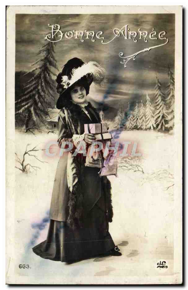 Femme en robe longue et chapeau à plumes — Bonne Année — éditeur Cie Paris, n° 663