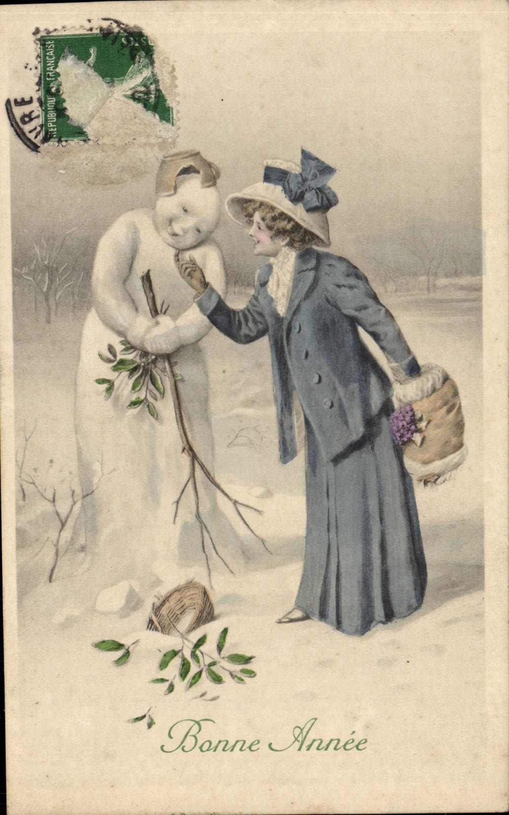 CPA Fantaisie Femme Bonhomme de neige
