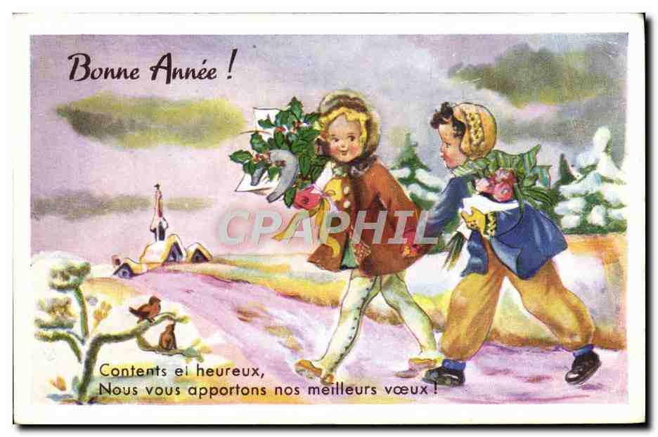 Deux enfants portant des branches de houx — Bonne Année ! — Série n° 2350, éditée par A. D. PARIS