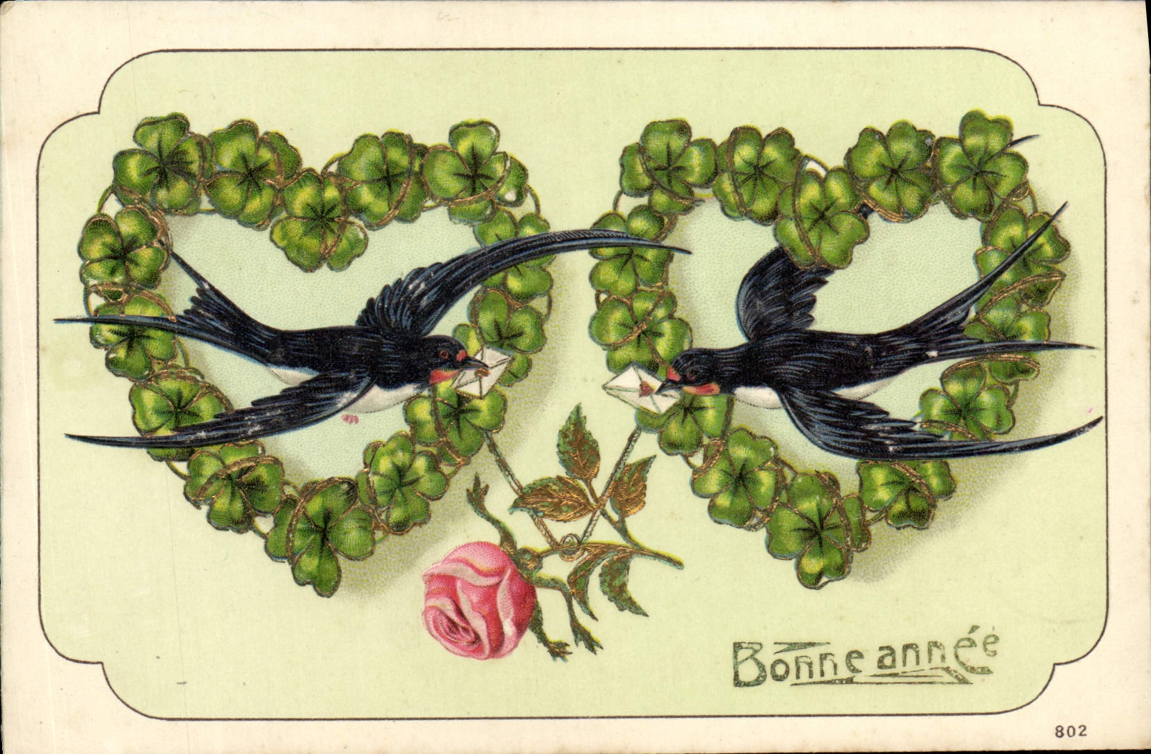 CPA Fantaisie Oiseaux Hirondelles Trefles