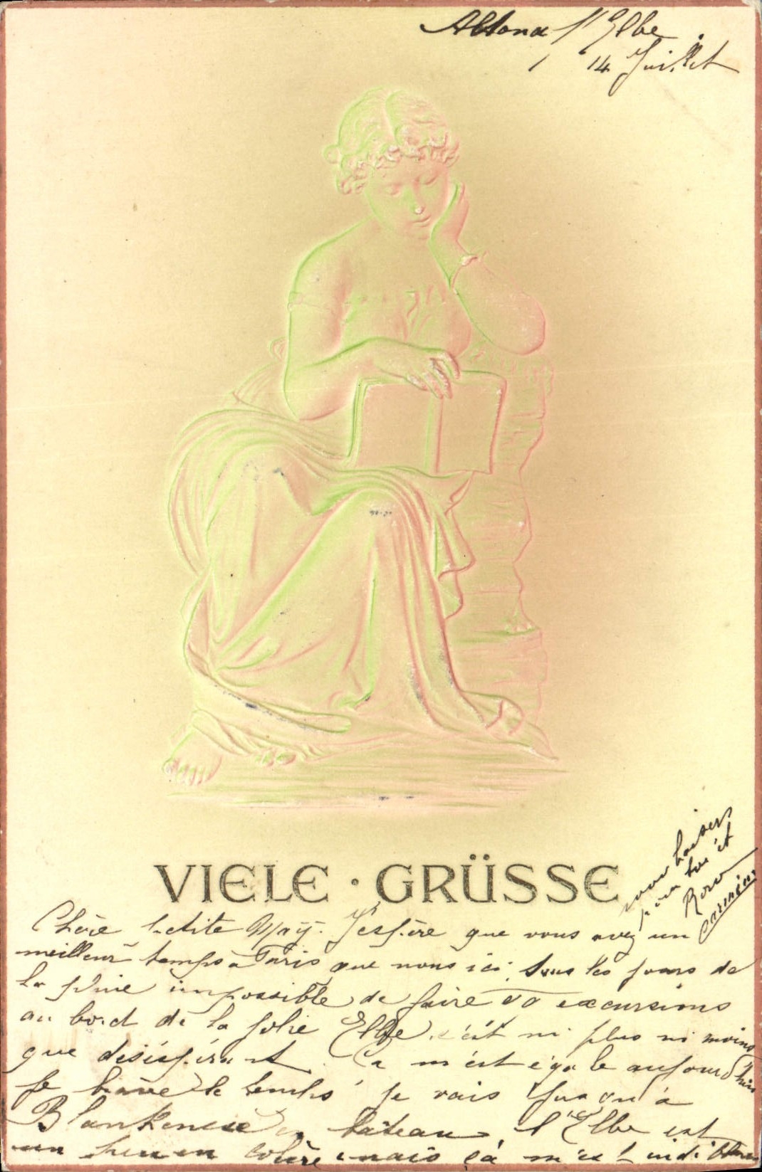 Statue einer sitzenden jungen Frau — Viele Grüße — unbekannter Verleger