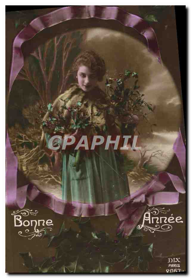 Jeune femme tenant un bouquet d'houx — Bonne Année — DIX Paris 2067