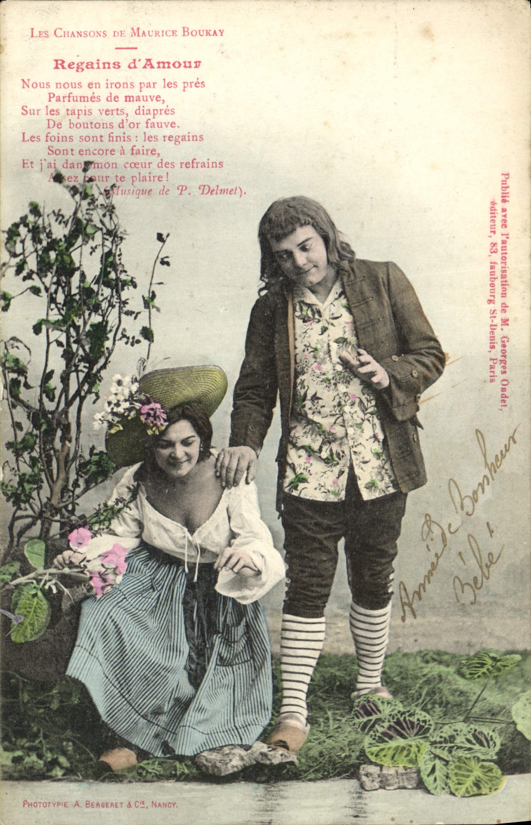 Deux jeunes personnes en tenue de campagne — chanson de Maurice Boukay — Phototypie A. Bergeret & Cie, Nancy