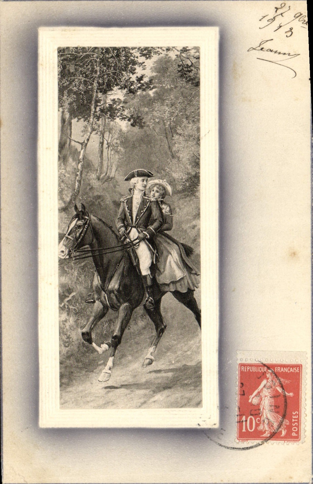 Cavalier et enfant sur un cheval — forêt — éditeur non visible