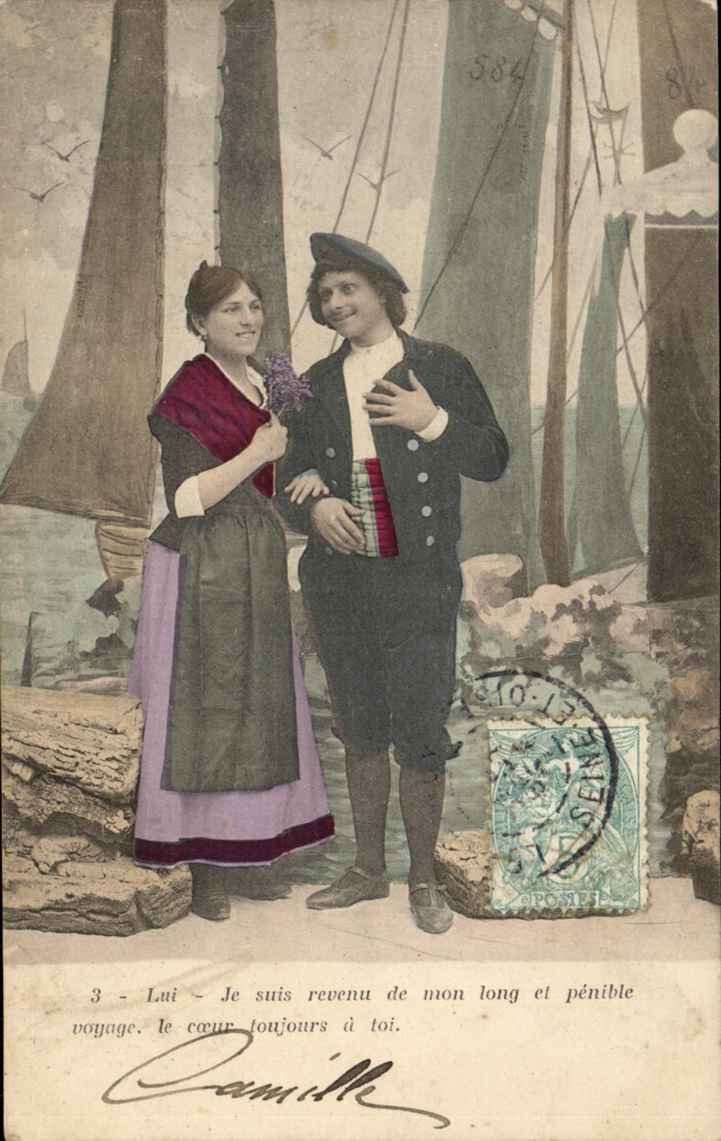 Couple en costume traditionnel — scène de port — éditeur anonyme, n° 584