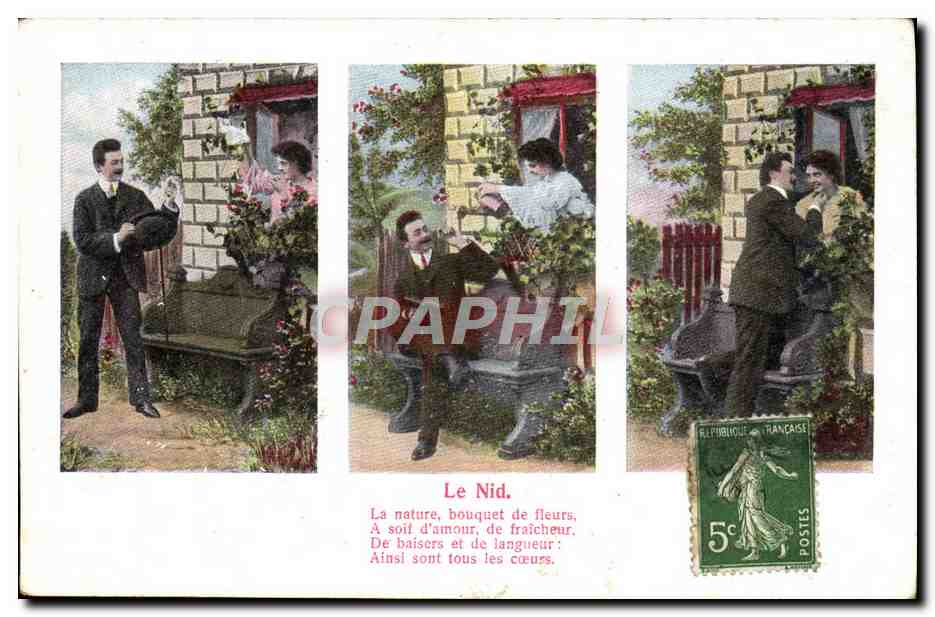 Le Nid — La nature, bouquet de fleurs, A soif d'amour, de fraîcheur, De baisers et de langueur, Ainsi sont tous les cœurs — éditeur non visible, n° de série non visible