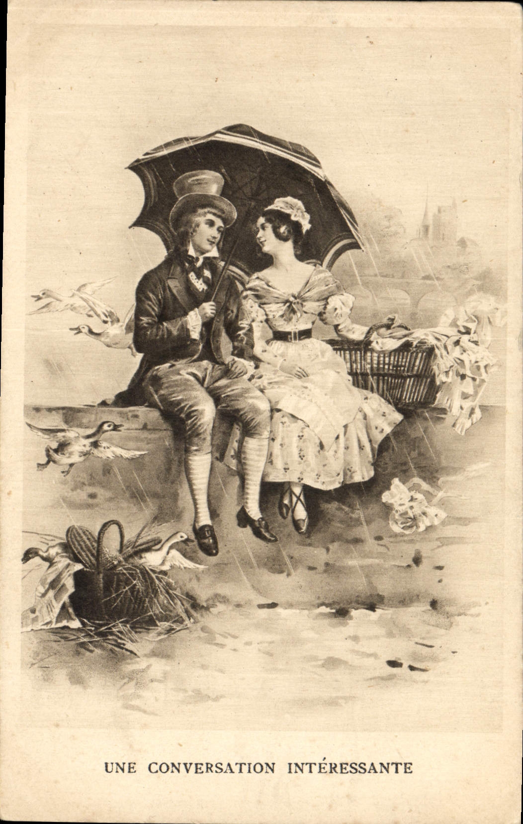 Une conversation intéressante — scène de couple sous la pluie avec canards — éditeur non visible