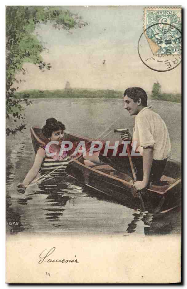 Jeune couple dans un bateau — scène de rivière — éditeur CPAPHIL n°675
