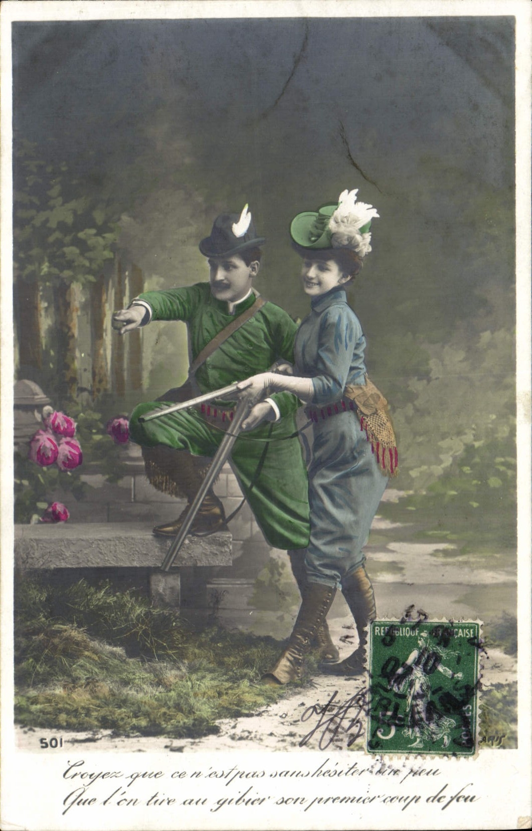 Couples en tenue de chasse — texte humoristique — éditeur Artig (n° 501)