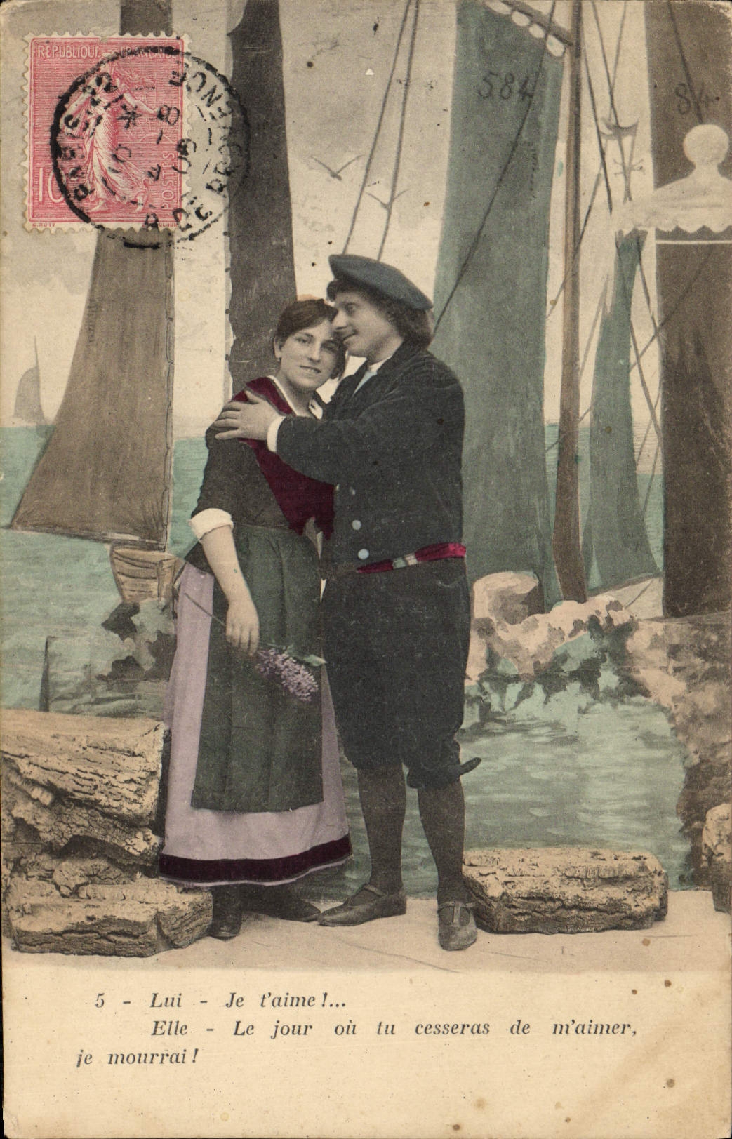 Amour au port — scène de couple avec texte amoureux — éditeur non identifié, n° de série 5