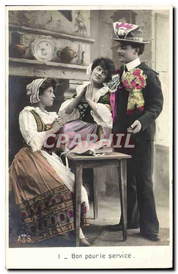 Scène de vie — trois personnages en costume — éditeur A. S. n° 304