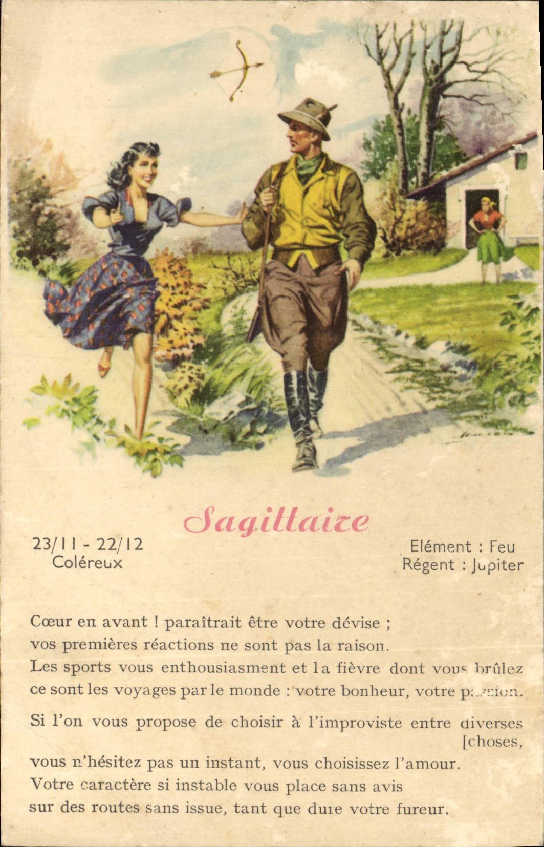 CPA Fantaisie Femme Sagittaire Chasse Chasseur 