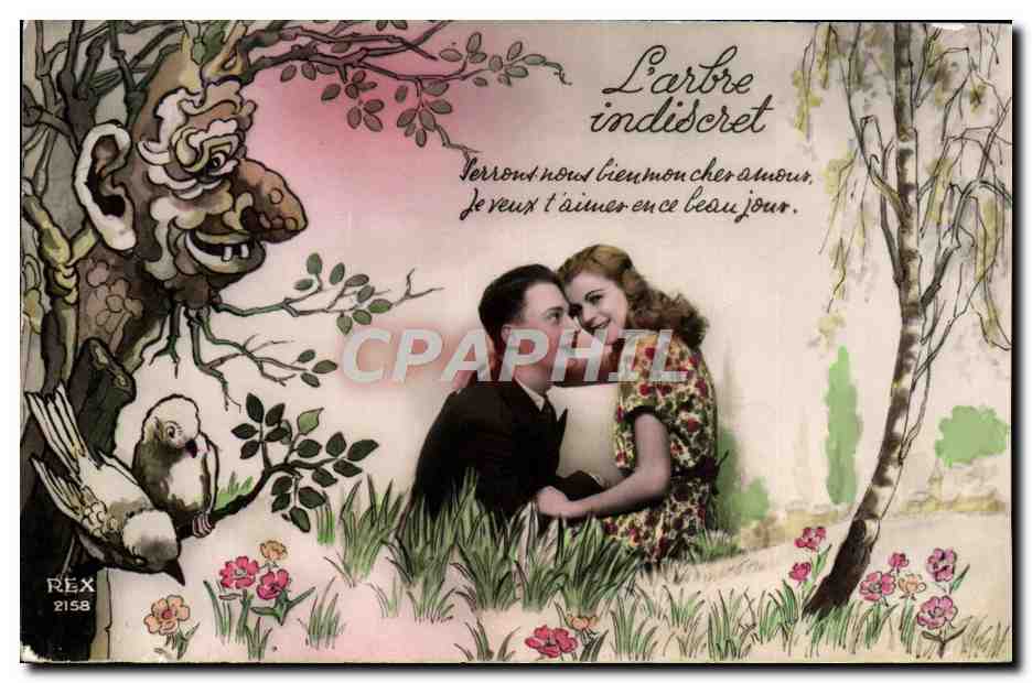 L'arbre indiscret — couple amoureux sous un arbre aux traits comiques — éditeur REX n°2158