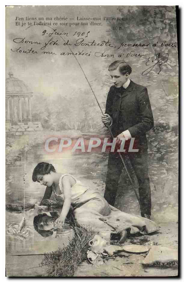 Pêcheur et femme au bord de l'eau — scène romantique — éditeur ARLOU, n° de série non visible