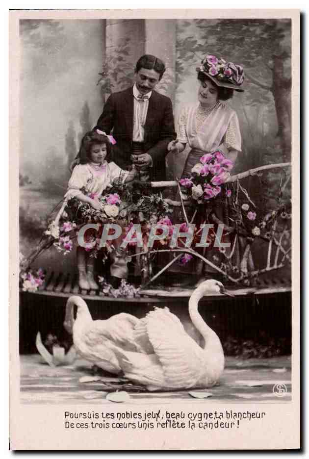 Famille avec cygne — scène de jardin — éditeur S. (marque) n° 3011
