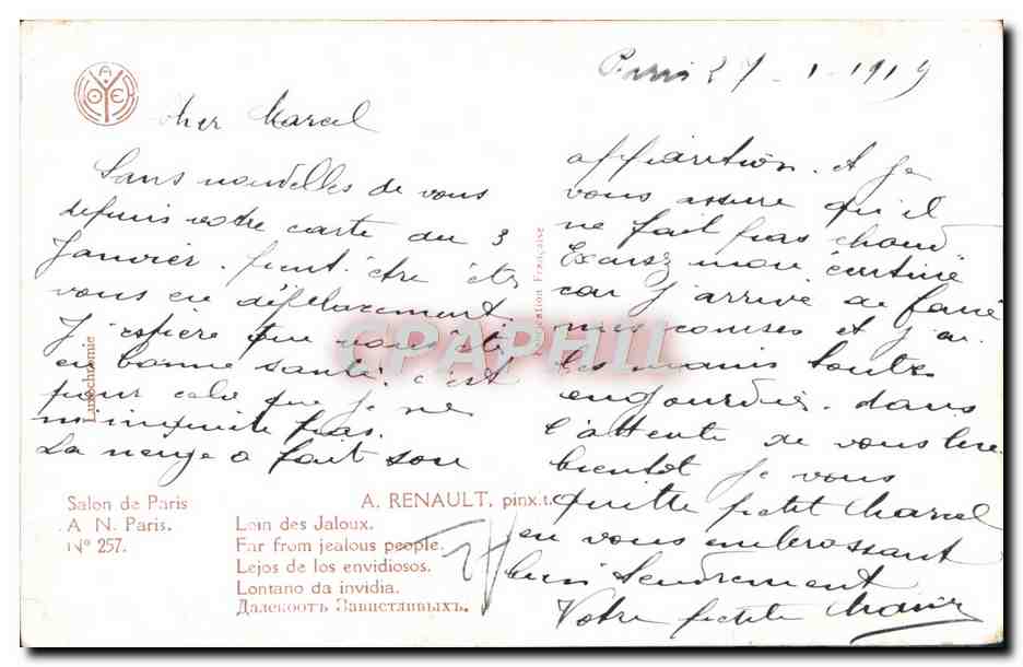 CPA Fantaisie Femme Renault Loin des jaloux — Rückseite