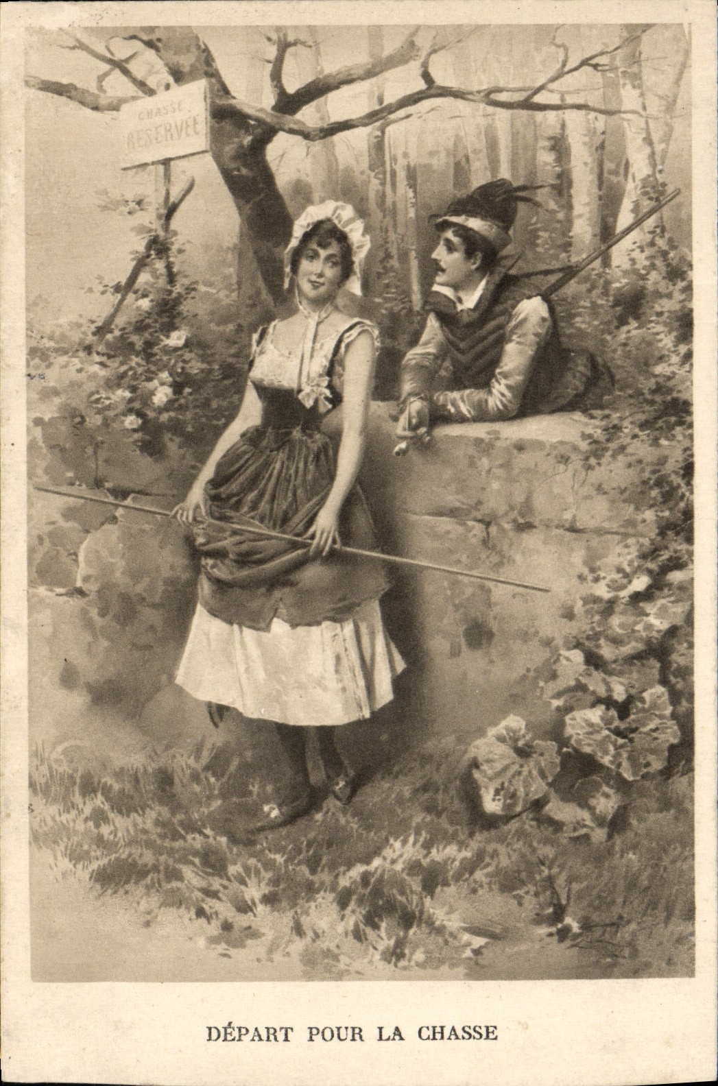 Départ pour la chasse — scène de forêt avec couple — éditeur non visible