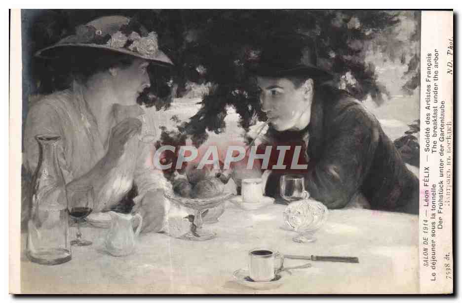 CPA Fantaisie Femme Salon 1914 Leon Felix Le dejeuner sous la tonnelle