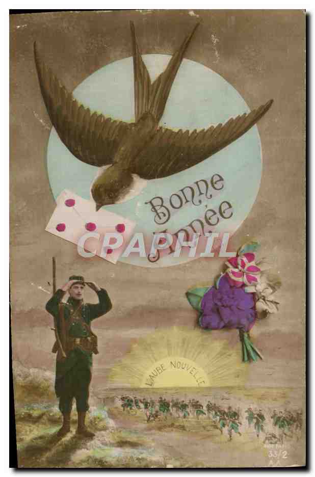 Soldat saluant — oiseau portant une carte — bouquet — éditeur Arti.E. Paris, n° 33/2