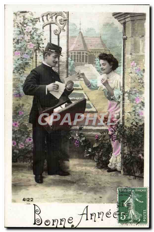 Postier et femme à la porte — scène de distribution — éditeur anonyme, n° 4122