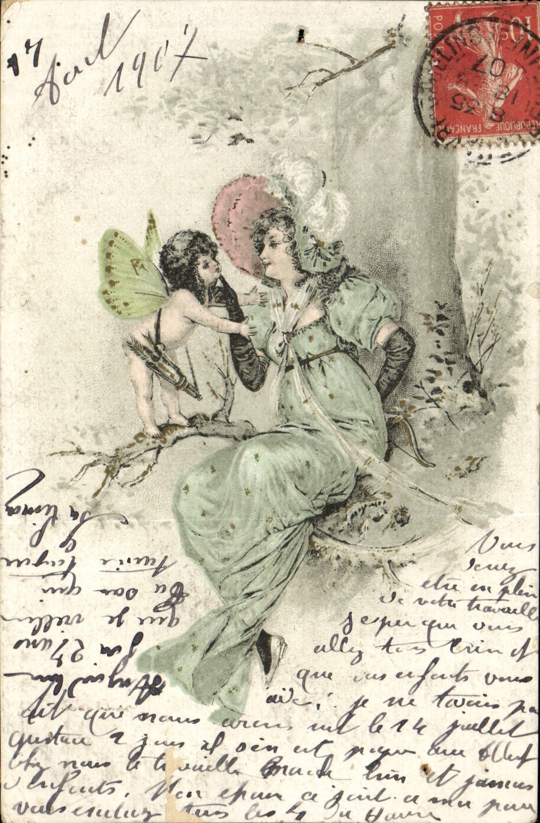 Cupidon et une femme — scène de forêt — éditeur non visible
