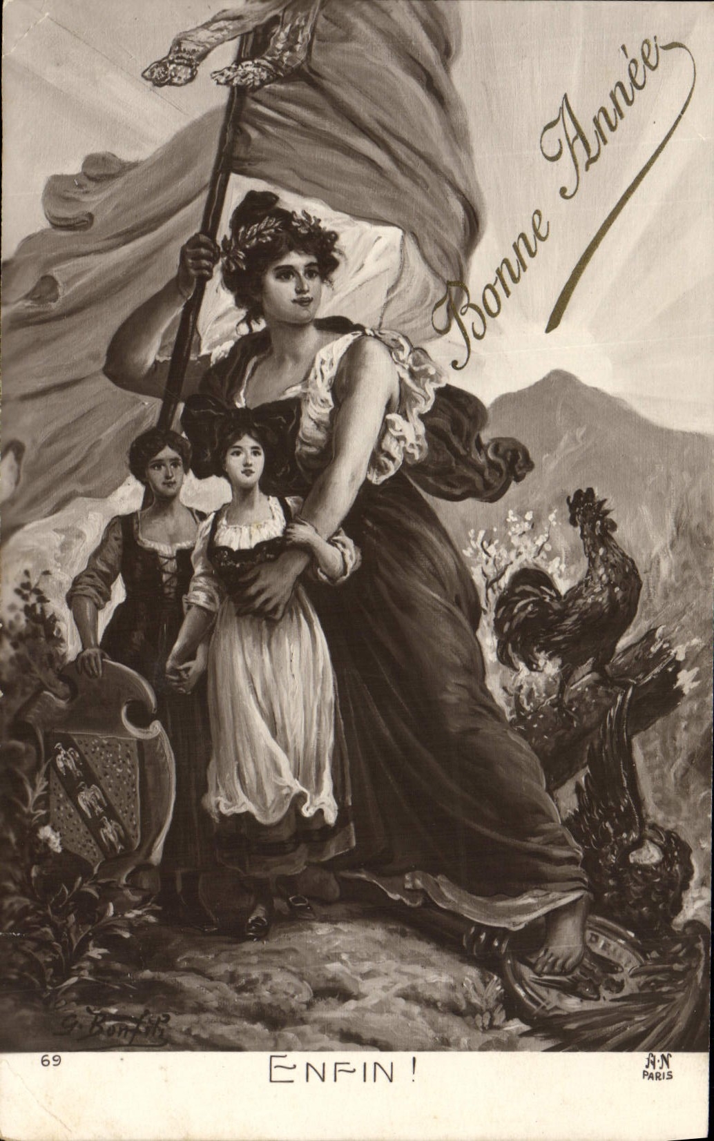 CPA Fantaisie Femme bonne annee Coq